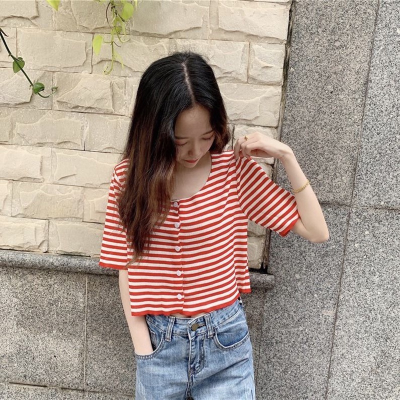 IELGY    Áo Thun Ngắn Tay Họa Tiết Sọc Ngang Thời Trang Dành Cho Nữ