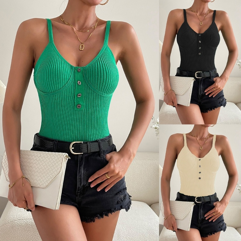 Áo Dệt Kim Hai Dây Không Tay Cổ Xẻ Có Gân Ôm Dáng Cơ Bản Dành Cho Bạn Nữ