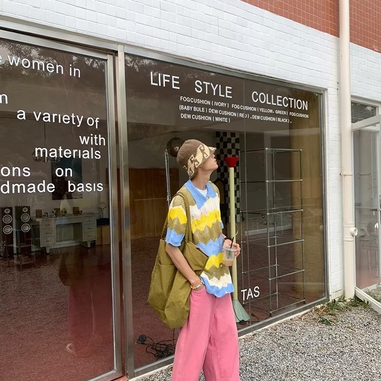 Áo polo Dệt Kim Tay Ngắn Dáng Rộng Họa Tiết Kẻ Sọc Màu Sắc Tương Phản Thời Trang Mùa Hè Cho Nữ