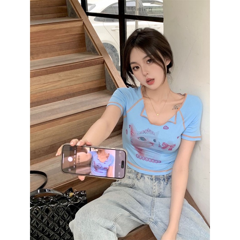 Áo baby tee Thun croptop Croptop Tay Ngắn Cổ Chữ U In Hình Mèo Thời Trang Mùa Hè Dành Cho Nữ