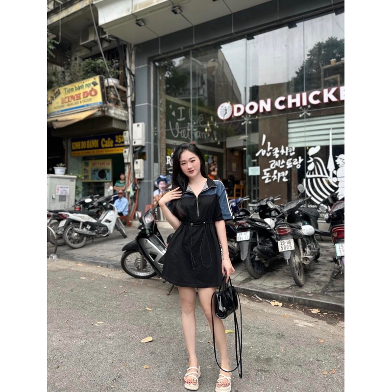 Váy đen phối bò cổ khoá chạy rót chất cotton siêu xinh