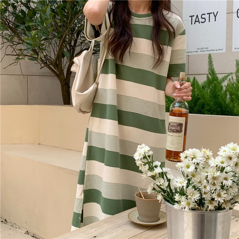 SUXI Đầm Midi Tay Ngắn Cổ Tròn Dáng Rộng Họa Tiết Kẻ Sọc Thời Trang Mùa Hè Xinh Xắn Cho Nữ