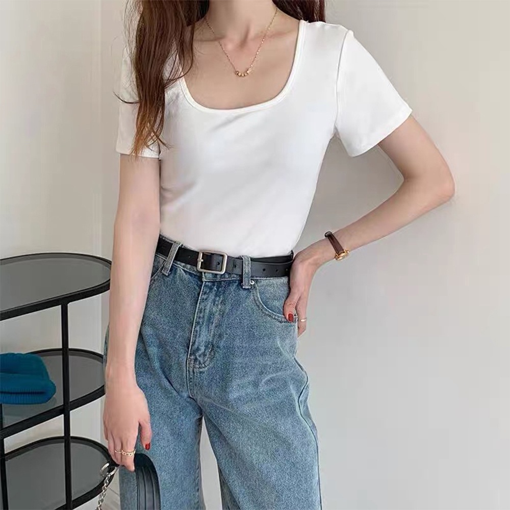 Áo thun nữ cổ vuông tay ngắn CHERYL form đẹp áo phông trơn cộc tay co giãn tốt màu đen trắng thời trang basic CHR221