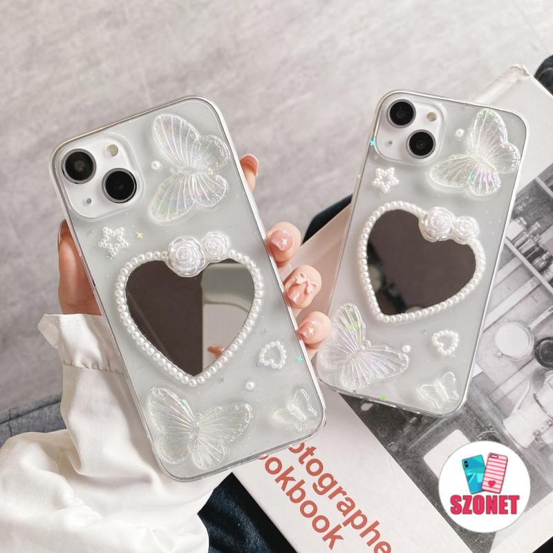 Ốp Điện Thoại Mềm Trong Suốt Chống Sốc Gắn Kèm Gương Hình Bướm / Hoa Hồng 3D Dành Cho iPhone 14 13 12 11 Pro Max 14 Plus