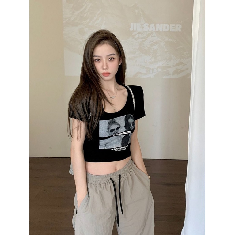 Áo baby tee Thun croptop Cotton Ngắn Tay Cổ Chữ u Màu Đen Phong Cách Retro Mỹ Thời Trang Mùa Hè 2023 Dành Cho Nữ