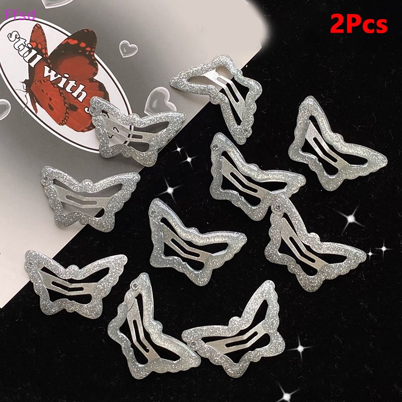 Bộ 2 Kẹp Tóc Kim Loại Hình Bướm Màu Bạc Dễ Thương Cho Nữ