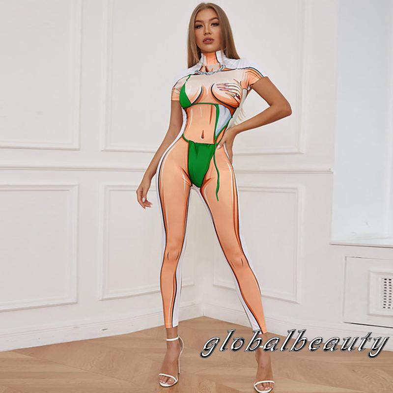 Bộ Bikini Ngắn Tay Cổ Lọ Form Ôm In Họa Tiết Thời Trang Dự Tiệc Cho Nữ