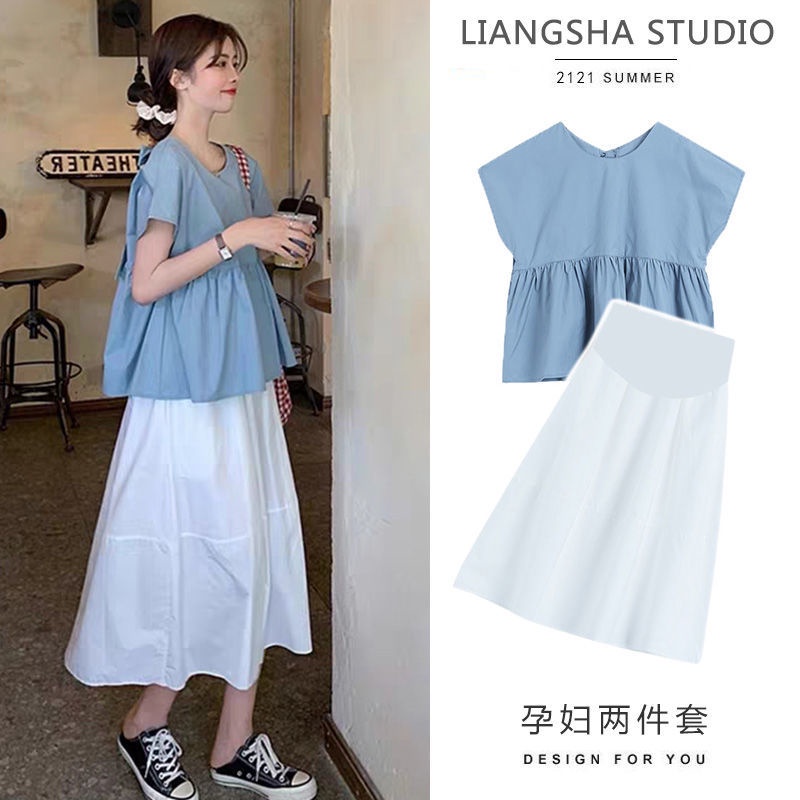 Set Áo Váy Hai Mặt Thời Trang Mùa Hè Phong Cách Hàn Quốc Cho Mẹ Bầu