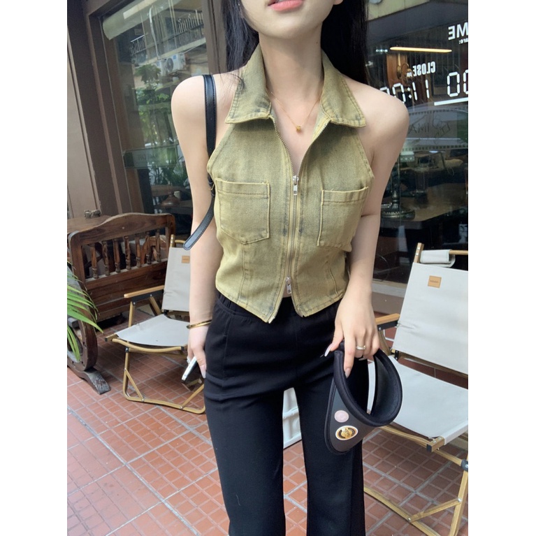 Áo baby tee Thun croptop Denim Không Tay Cổ polo Lưng Ngắn Phối Khóa Kéo Thời Trang Dành Cho Nữ