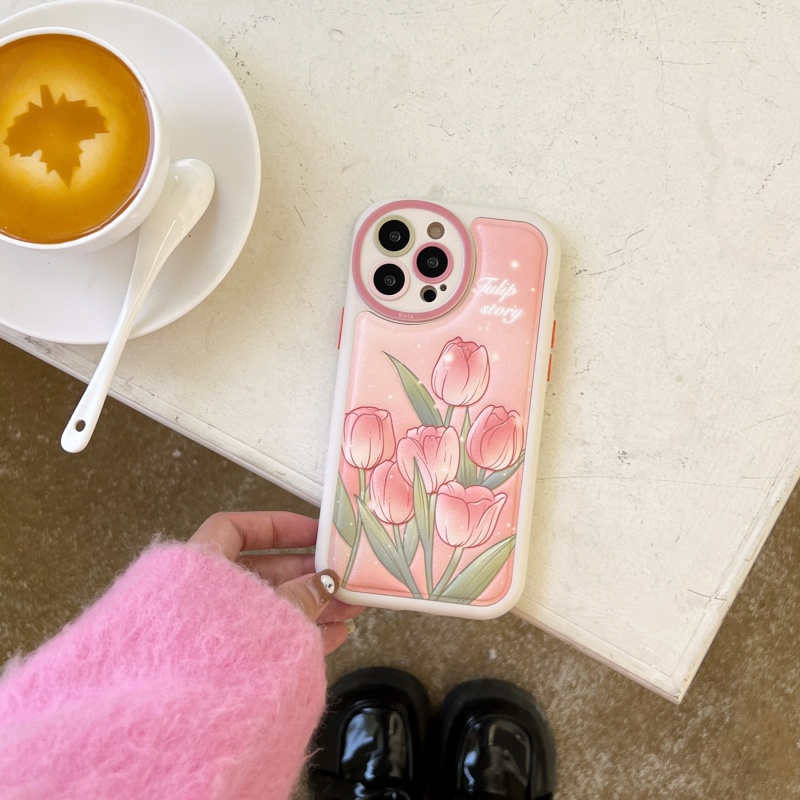 Ốp Điện Thoại Da Silicon Mềm Chống Sốc Phối Lỗ Tròn Hình Hoa Tulip Cho iPhone 14 13 12 11 Pro Max 14 Plus