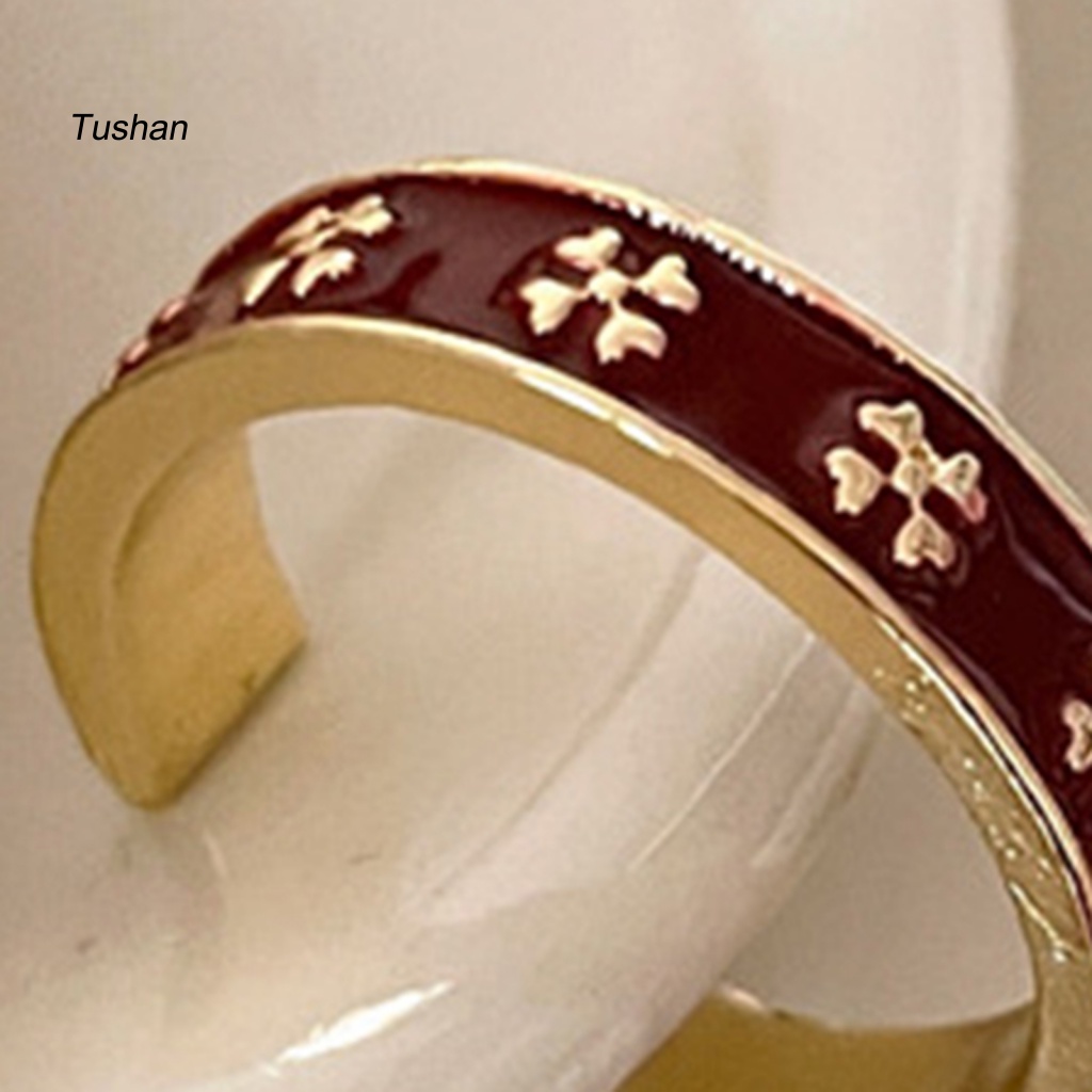 [Ts] Nhẫn Hở Hình Cỏ Bốn Lá Bằng Kim Loại Tráng Men Màu Đỏ Thanh Lịch Có Thể Điều Chỉnh Kích Thước Thời