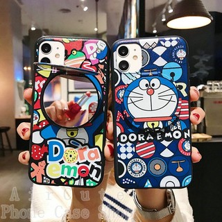 Ốp lưng iPhone 15 14 13 12 11 Pro Max X XR XS Max 8 7 6 6S Plus + SE 2020 XSMax ProMax 3D Cartoon Doraemon Mirror Holder Soft Case