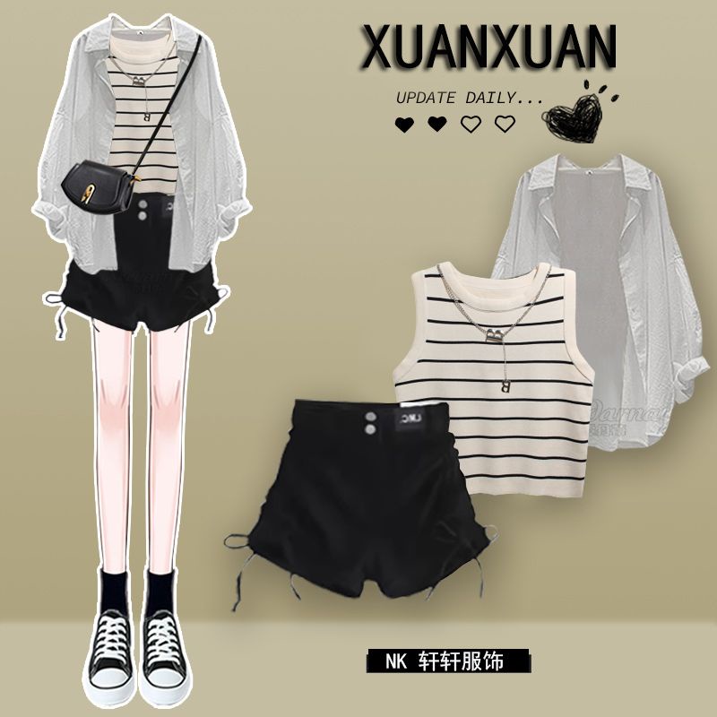 Set Áo Sơ Mi Ba Lỗ Kẻ Sọc + Quần Short Denim Lưng Cao Size Lớn Thời Trang Mùa Hè Mới 2023 Cho Nữ