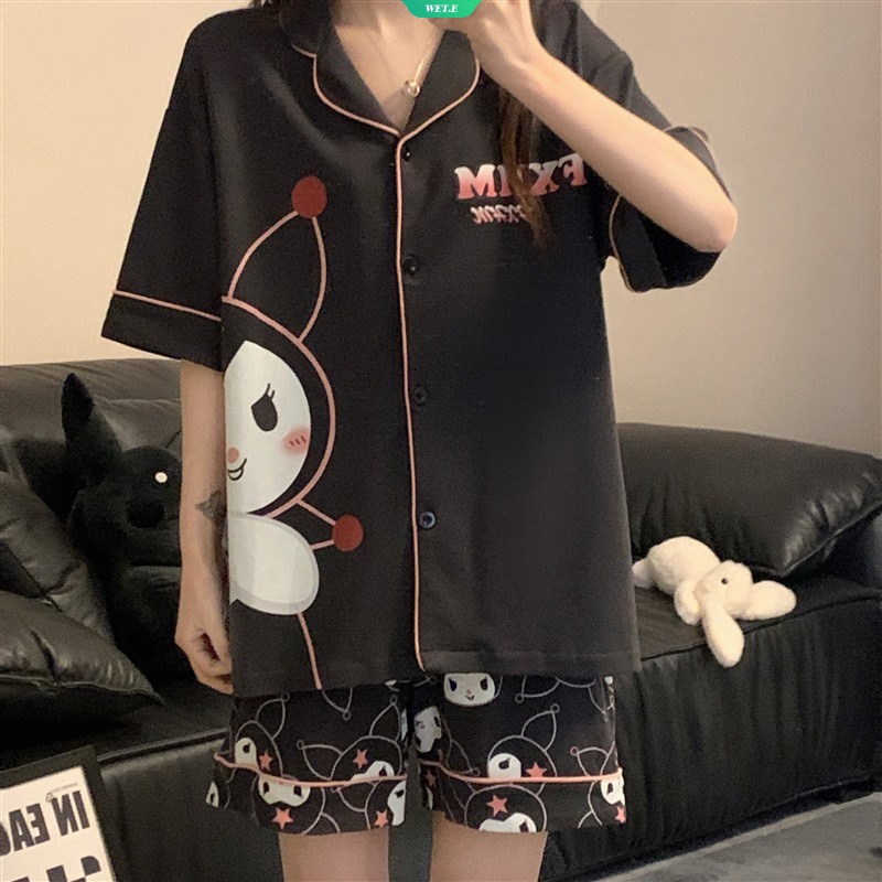 SANRIO Bộ Đồ Ngủ Tay Ngắn Dáng Rộng In Hình Kuromi Dễ Thương Phong Cách Hàn Quốc Thời Trang Mùa Hè Cho Nữ