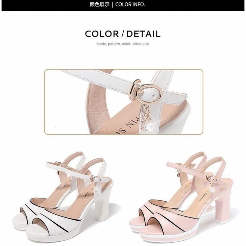 Giày Cao Gót Sandal Đế Thô Màu Trắng Thời Trang Mùa Hè 2023 Cho Nữ