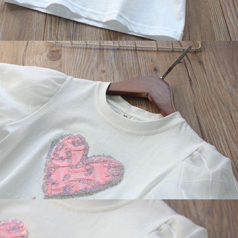 Áo Thun Cotton Tay Ngắn Phồng In Họa Tiết Trái Tim Phong Cách Phương Tây Thời Trang Mùa Hè Dành Cho Bé Gái