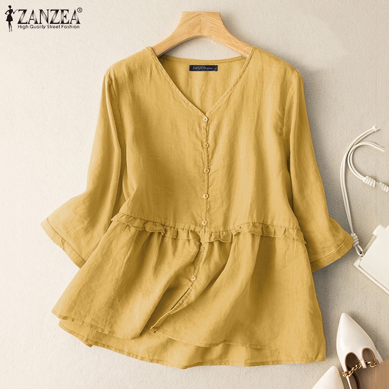 ZANZEA Áo Sơ Mi Nữ Tay Lửng Cổ Chữ V Màu Trơn Phong Cách Hàn Quốc