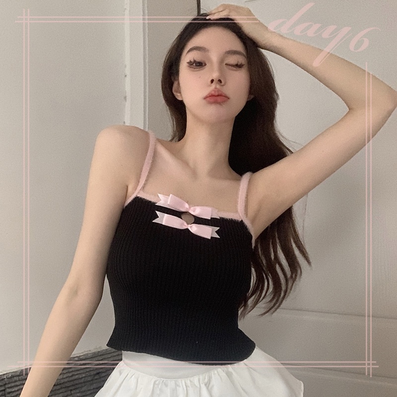 Áo Croptop Sát Nách Màu Sắc Tương Phản Thiết Kế Dây Cột Nơ Quyến Rũ