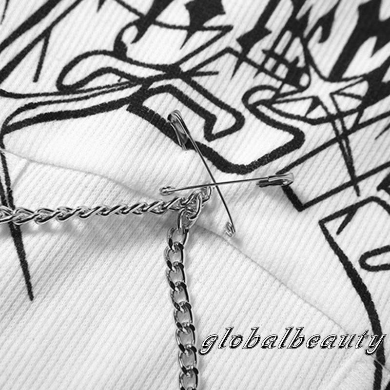 Áo Thun Croptop Tay Ngắn Cổ Tròn In Chữ Phối Dây Xích Kim Loại Ôm Dáng Cá Tính Cho Nữ