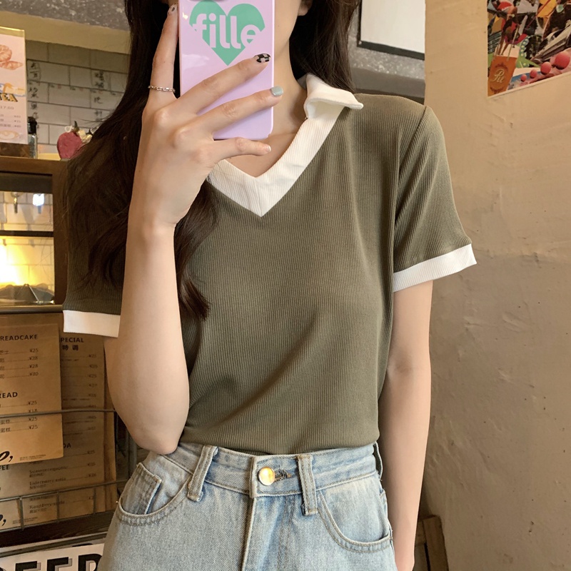 Áo polo SUXI tay ngắn cổ chữ V dáng ôm thời trang mùa hè dễ phối đồ cho nữ