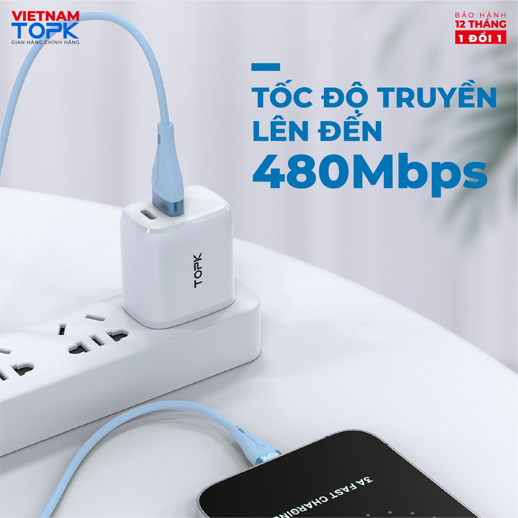 Dây cáp sạc TOPK AN46 dùng cho điện thoại Vỏ TPE silicon dẻo chống đứt gãy Hàng chính hãng Bảo hành 12 tháng