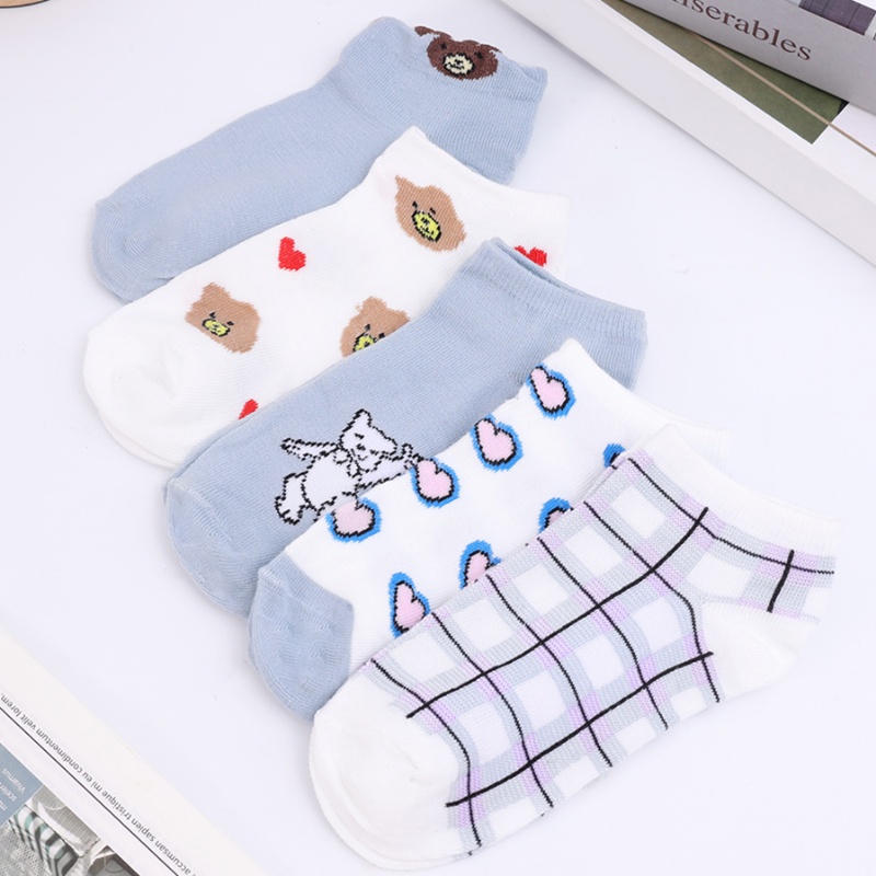 Bộ 5 Đôi Vớ Ngắn Bằng Cotton Thoáng Khí Chống Trượt Họa Tiết Gấu Hoạt Hình Phong Cách Harajuku Cho Nữ