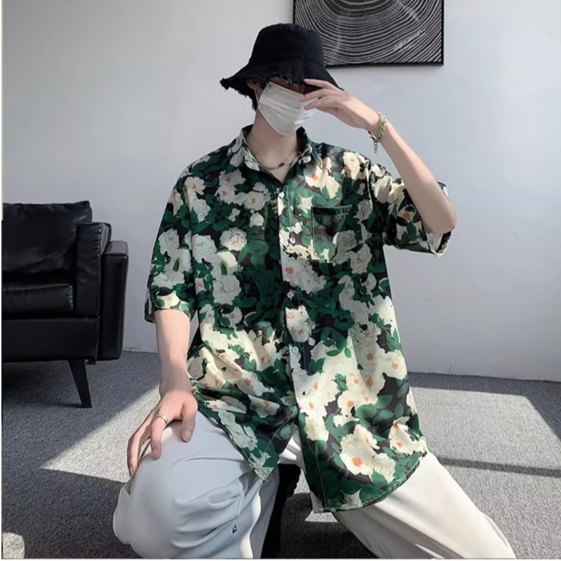 Áo Sơ Mi Tay Ngắn Dáng Rộng Chất Lụa Lạnh Họa Tiết Hoa Cúc Thời Trang Cá Tính Cho Nam