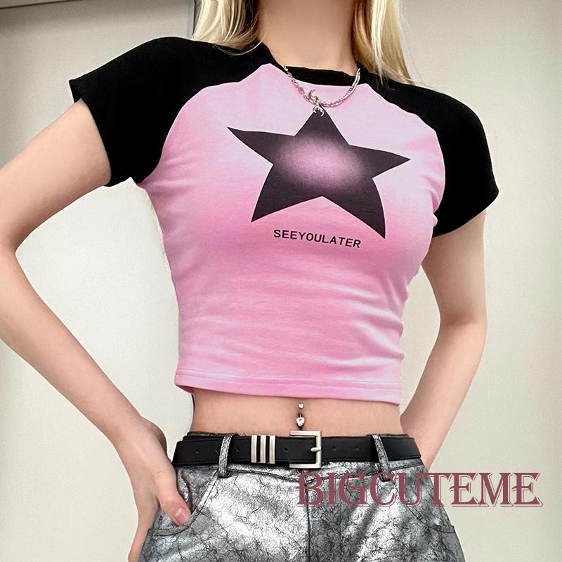 Áo Thun Crop Top Tay Ngắn In Chữ / Ngôi Sao Màu Sắc Tương Phản Thời Trang Cho Nữ