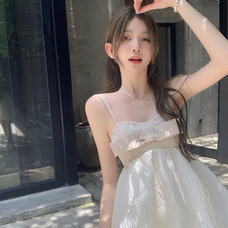 Đầm Ngắn Hai Dây Ôm Eo Đính Nơ Thời Trang Mùa Hè Cho Nữ