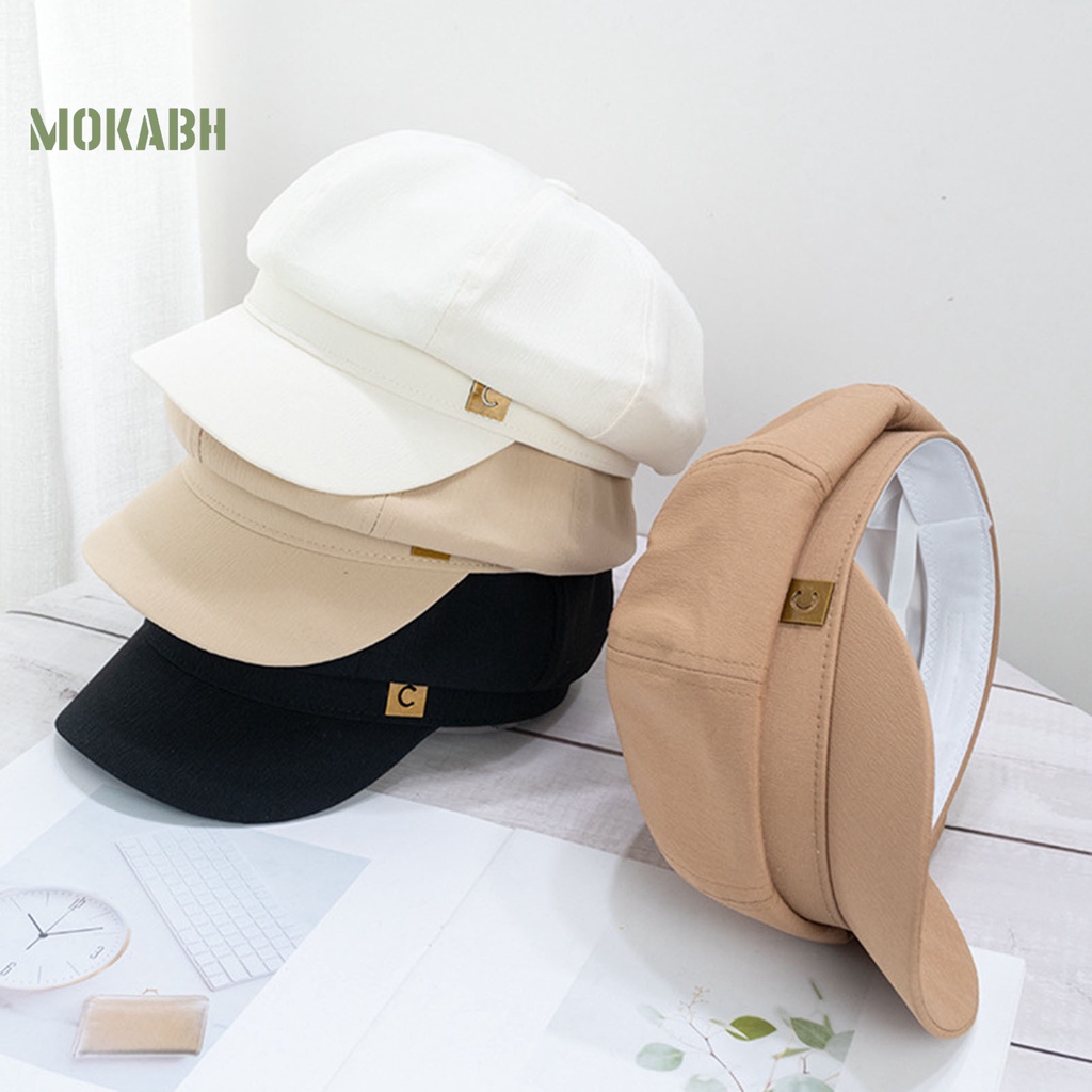 Abh [Mok] Mũ Beret Màu Trơn Họa Tiết In Logo Vòm Tròn Vành Ngắn Thời Trang Cho Nữ
