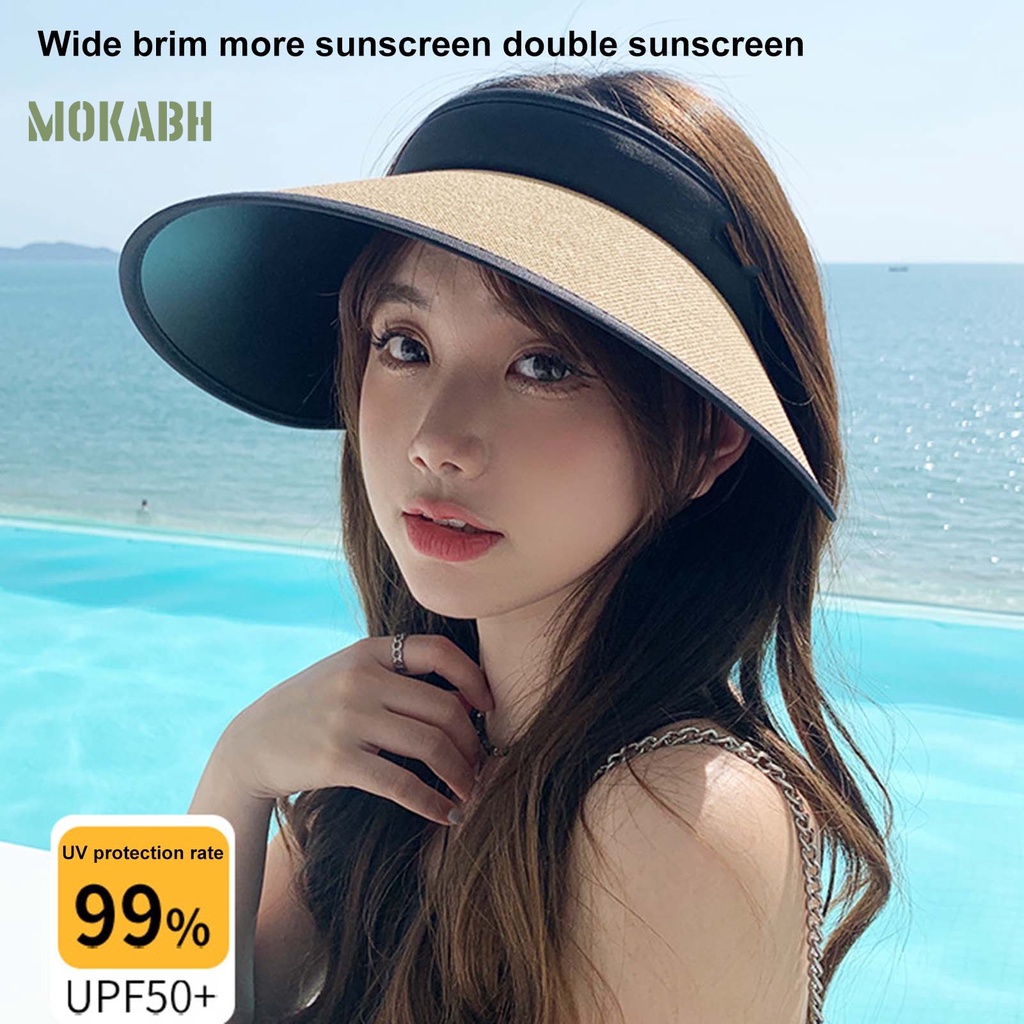 [Mok Abh] Mũ Rơm Chống Nắng Hở Chóp Thoáng Khí Có Khóa Cài Hai Lớp Có Thể Điều Chỉnh Chống Nắng Ngoài Trời Cho Nữ