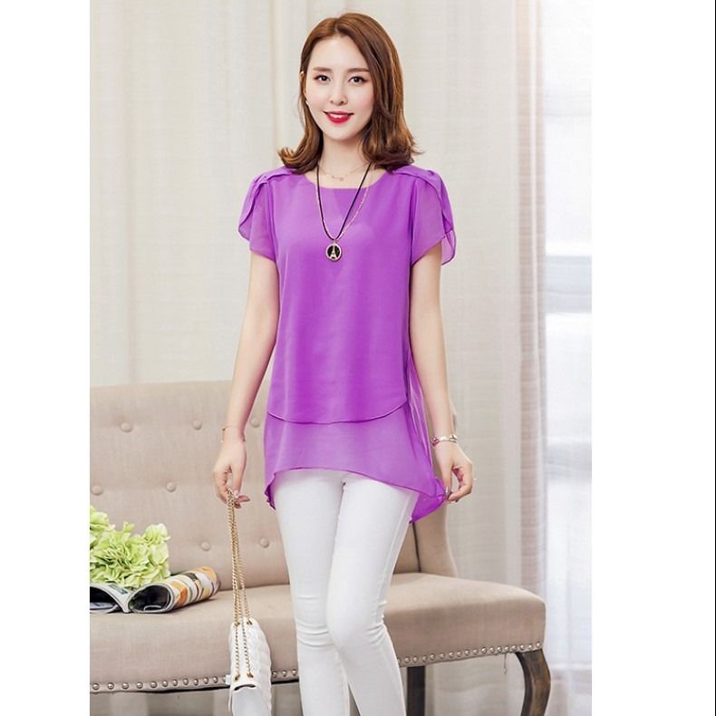 Áo Chiffon Tay Ngắn Cổ Tròn Dáng Rộng Thời Trang Mùa Hè Cho Nữ