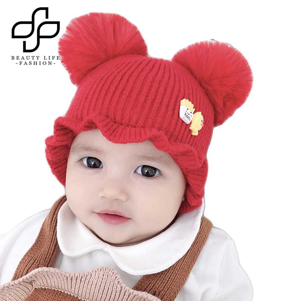 Mũ Len Beanie Đính Quả Cầu Lông Xù Giữ Ấm Tai Thời Trang Dành Cho Bé