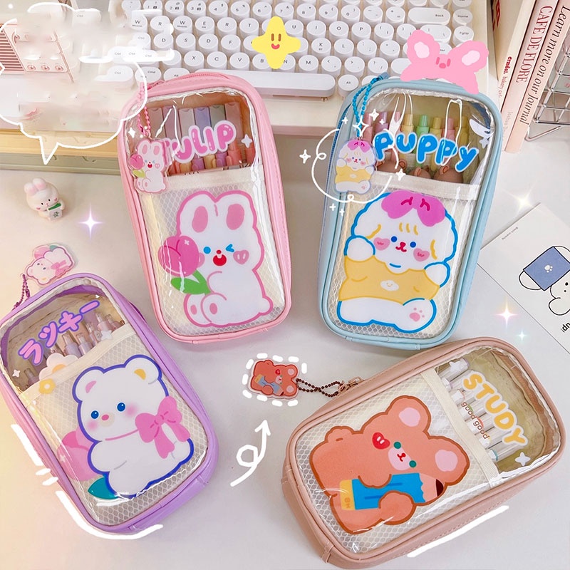 Túi Đựng Bút Bằng PVC Trong Suốt Họa Tiết Thỏ Dễ Thương Phong Cách Nhật Bản