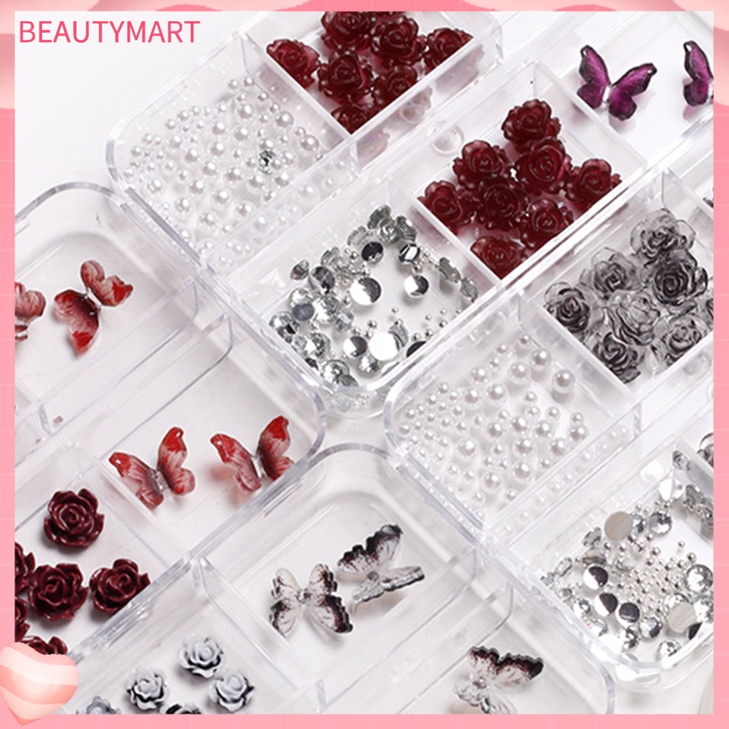 1 Hộp Phụ Kiện Trang Trí Móng Tay Hình Hoa Hồng Và Bướm 3D Bằng Nhựa Resin DIY