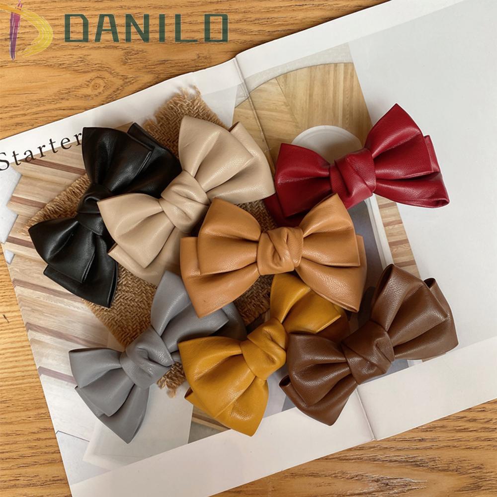 Kẹp Tóc Nơ Da PU Màu Trơn Phong Cách Hàn Quốc Cho Nữ