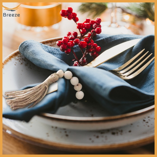 Set 12 Vòng Giữ Khăn Ăn Bằng Hạt Gỗ Tự Nhiên Kèm Tua Rua Để Bàn Trang Trí Nhà Cửa / Tiệc Cưới / Giáng