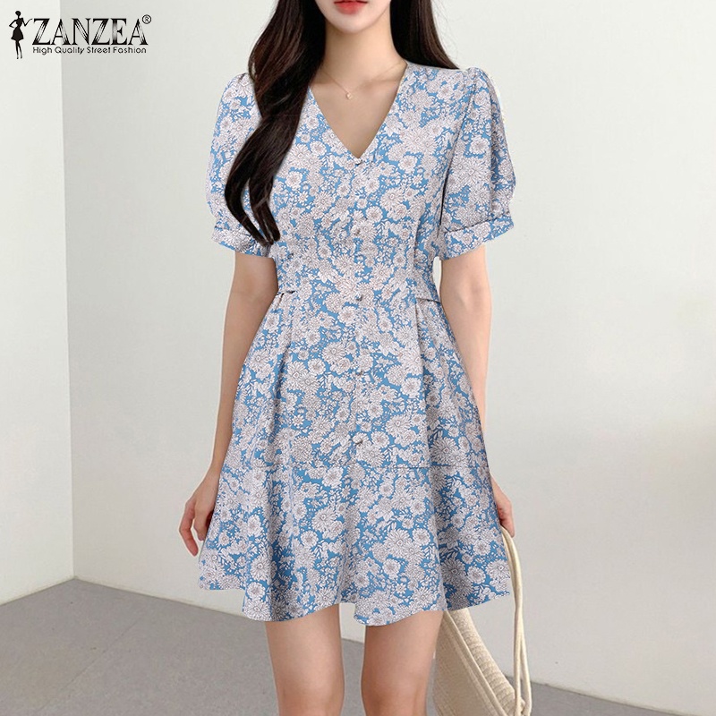 Zanzea Đầm Chữ A Cổ V Tay Phồng Xếp Ly Kiểu Hàn Quốc Thời Trang Cho Bạn Gái