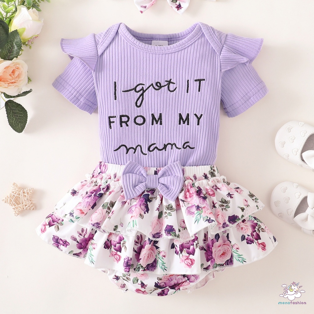 Bộ Áo Liền Quần Tay Ngắn In Chữ Gân + Quần Sooc Hoa Nhiều Lớp + Băng Đô Cài Tóc Thời Trang Cho Bé Gái