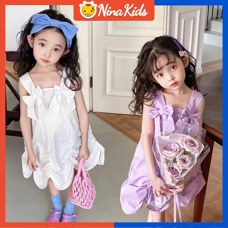 Đầm Hai Dây Phối Nơ Thời Trang Mùa Hè Xinh Xắn Dành Cho Bé Gái 2-7 Tuổi