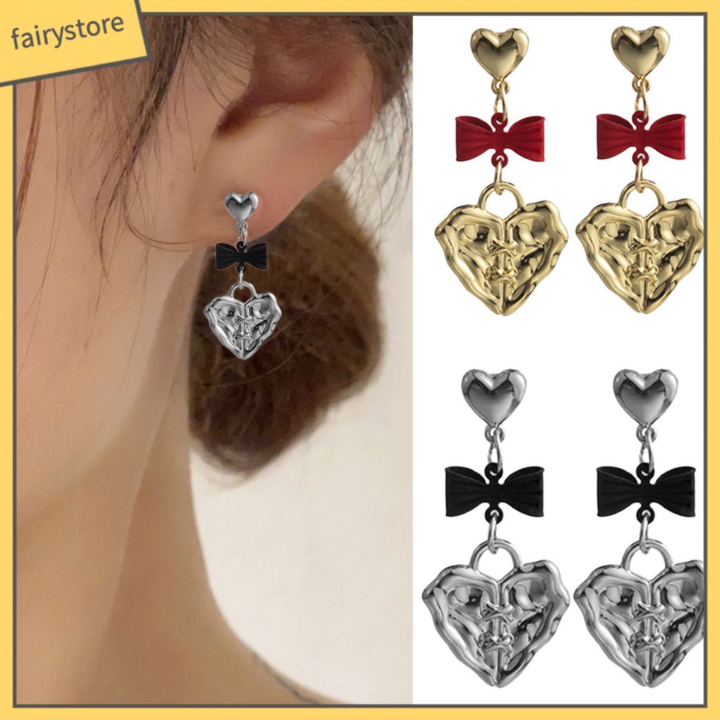 1 Đôi Bông Tai Hình Trái Tim / Nơ Dập Nổi Phong Cách Hàn Quốc Cổ Điển