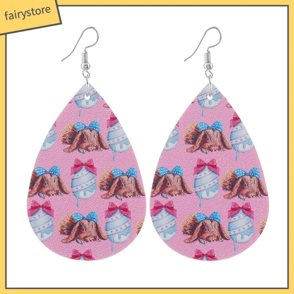 Bông Tai Giả Da Hình Giọt Nước Họa Tiết Thỏ Phục Sinh Dành Cho Nữ