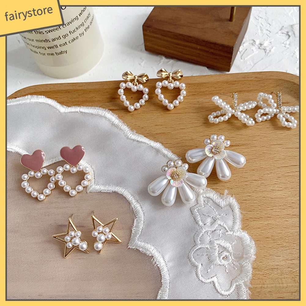 Khuyên Tai Hình Nơ / Bông Hoa / Trái Tim Đính Ngọc Trai Nhân Tạo Thời Trang Dành Cho Nữ