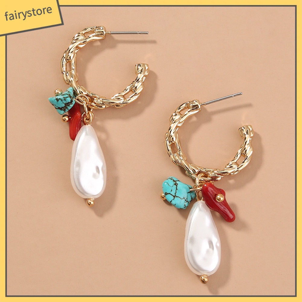 Bông Tai Ngọc Trai Hình Chữ C Bằng Kim Loại Đính Đá Tự Nhiên