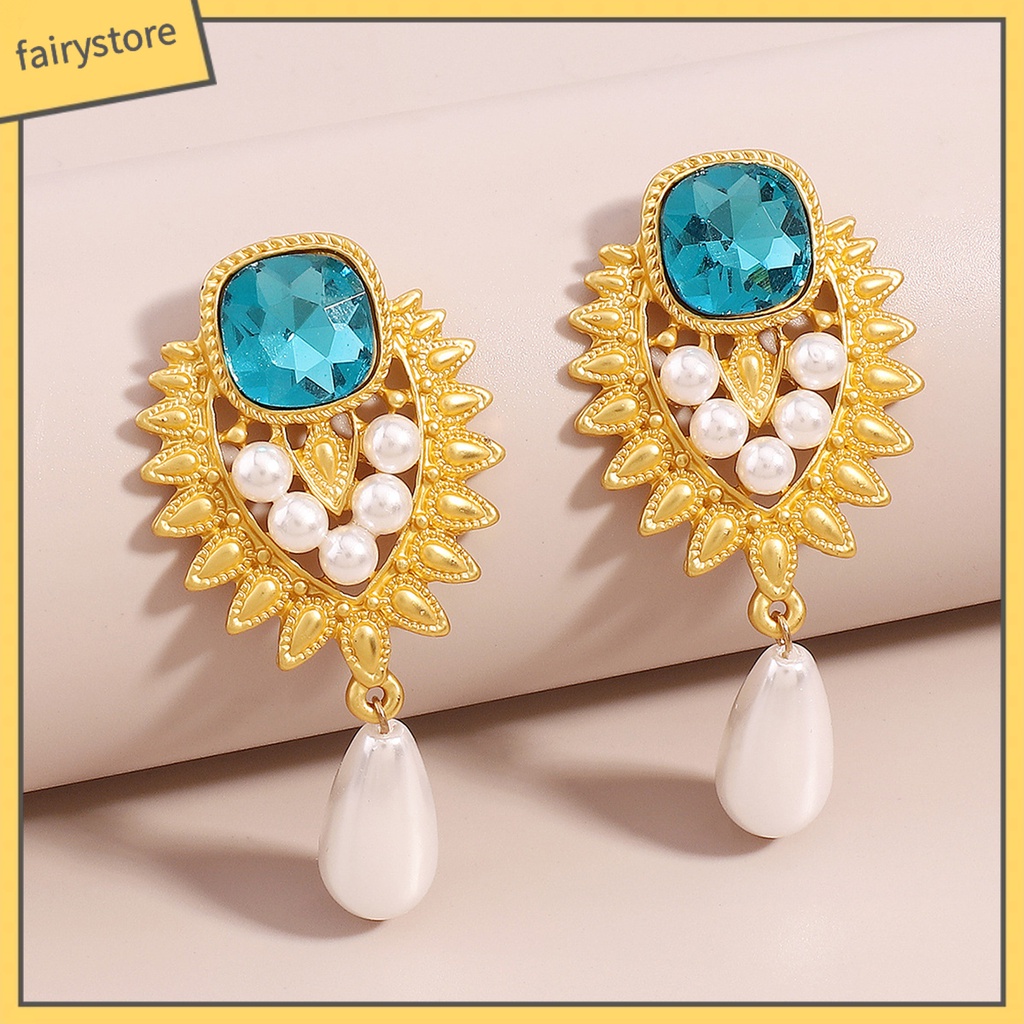 1 Đôi Bông Tai Đính Đá Ngọc Trai Nhân Tạo Màu Xanh Dương Phong Cách Thời Trung Cổ Thời Trang