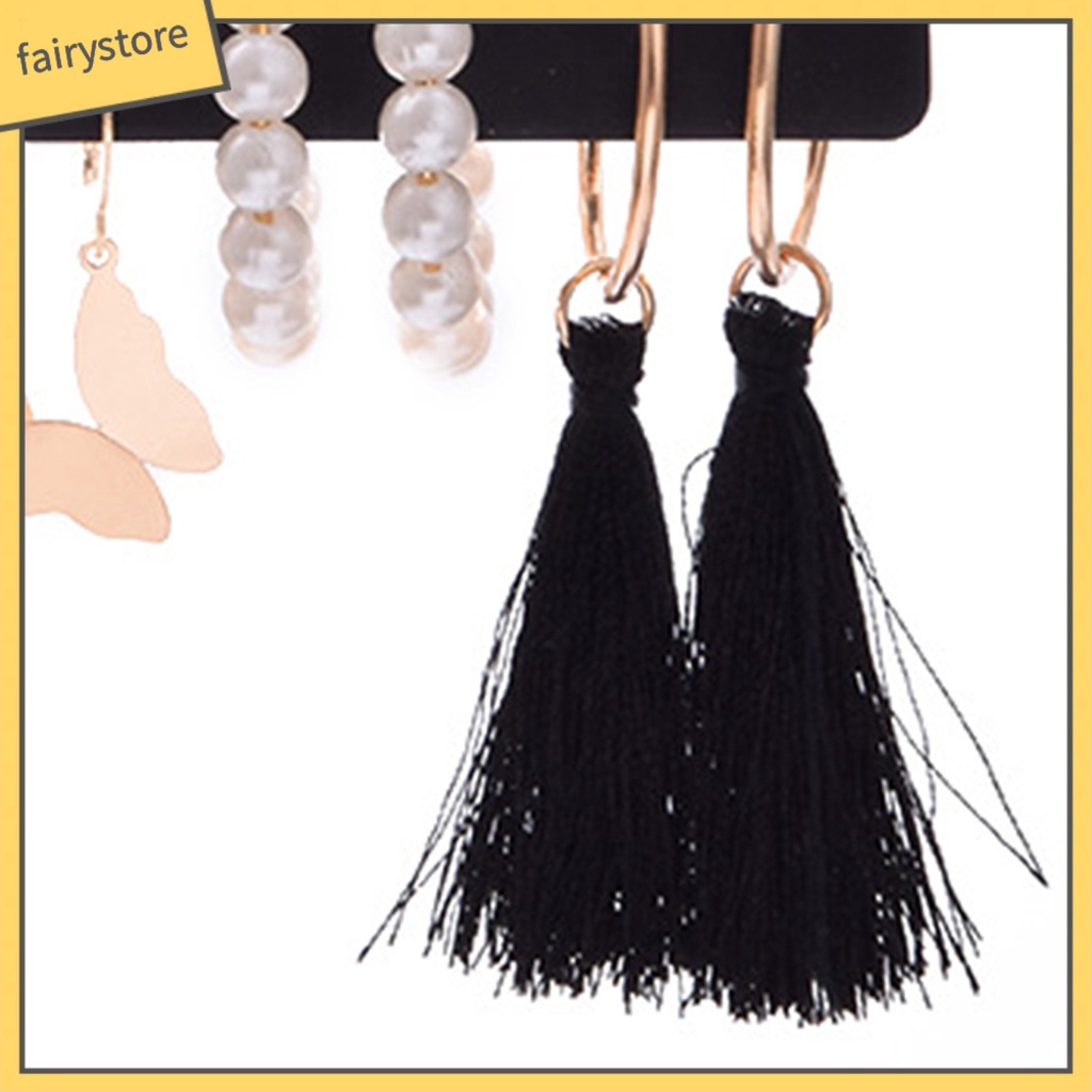 1 Bộ Bông Tai Dạng Treo Tua Rua Dài Đính Ngọc Trai Giả Nhiều Hình Dạng Phong Cách Bohemian