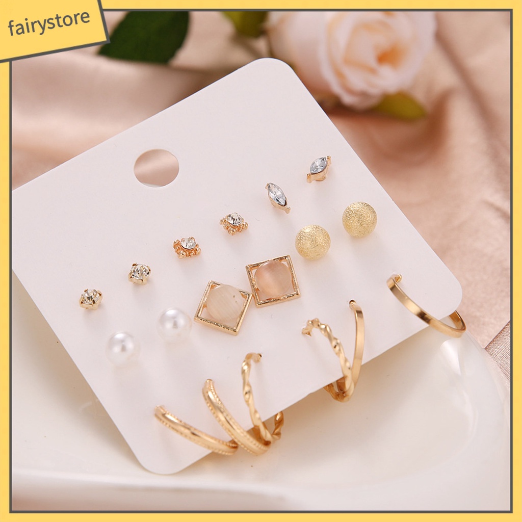 Set 9 Đôi Bông Tai Đính Đá / Ngọc Trai Giả Lấp Lánh Thời Trang Cho Nữ