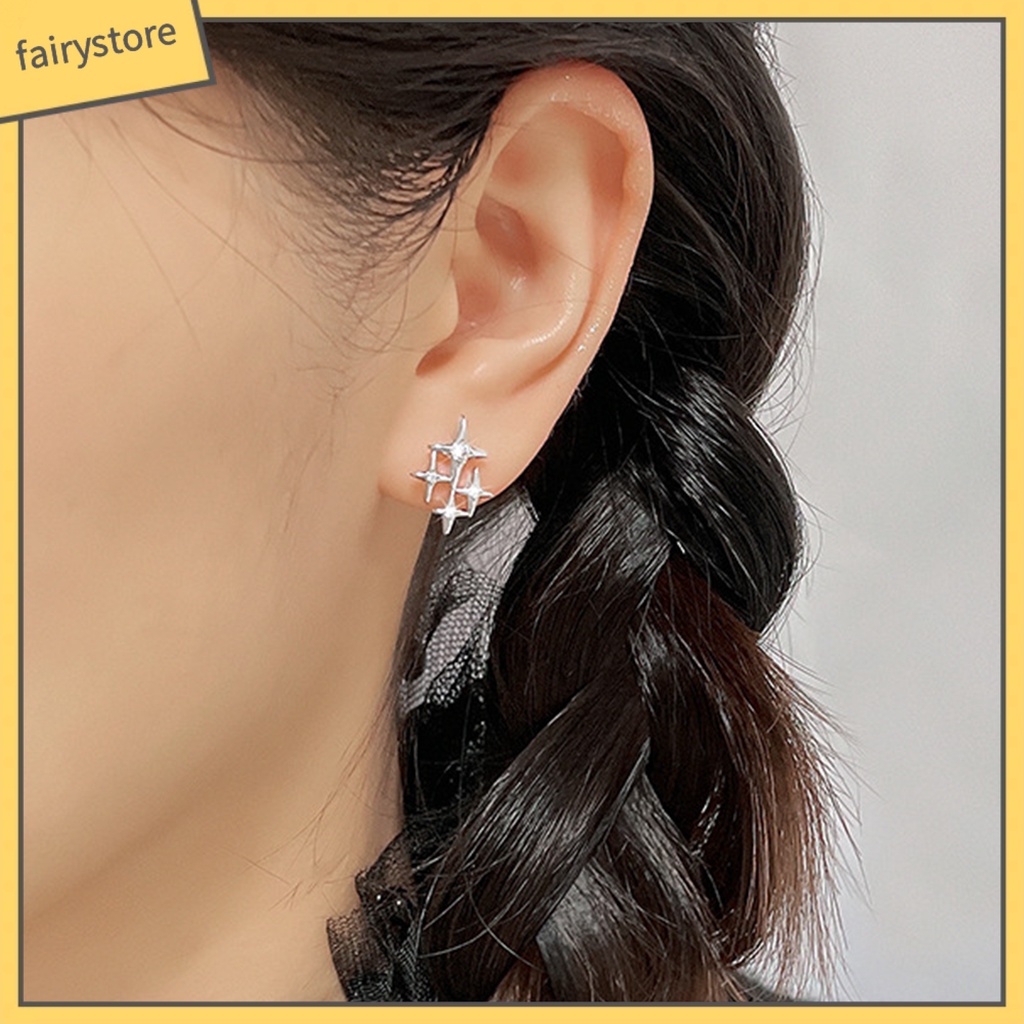 1 Đôi Bông Tai Xỏ Lỗ Dạng Chuỗi Thẳng Dài Mạ Bạc Thiết Kế Bốn Ngôi Sao Lấp Lánh Thời Trang Dự Tiệc