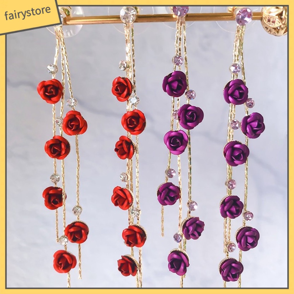 1 Đôi Bông Tai Dài Hình Hoa Hồng Đính Đá Lấp Lánh Dành Cho Nữ