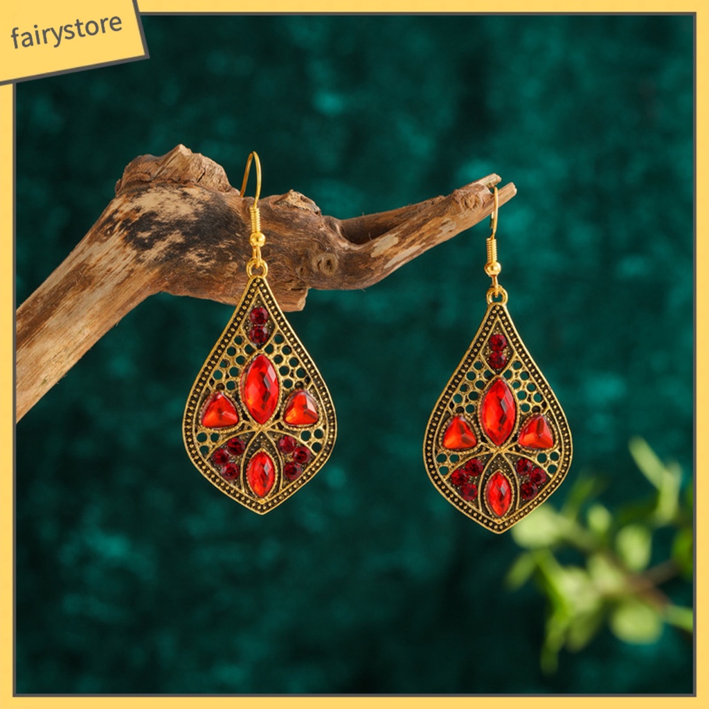 1 Đôi Bông Tai Hình Giọt Nước Đính Đá Phong Cách Retro Dành Cho Nữ